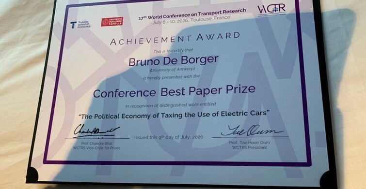 Congratulations to our colleague Bruno De Borger on winning the Conference Best Paper Prize at WCTR 2026, held at the Toulouse School of Economics!