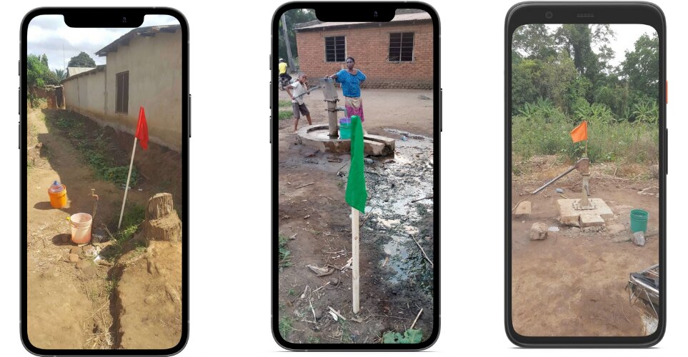 Red - green - orange flag next to the water source