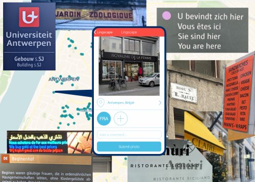 Collage of multilingual texts, photographed in the streets of Antwerp