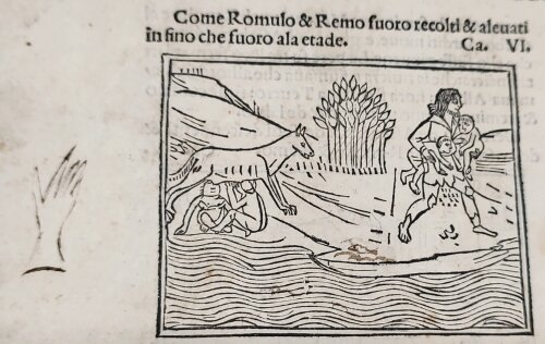 Houtsnede met het tafereel van de tweeling Romulus en Remus bij de wolvin.