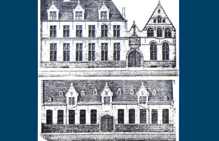 1552: Maagdenhuis (boven) in de Lange Gasthuisstraat en Knechtjeshuis (onder) op de Paardenmarkt