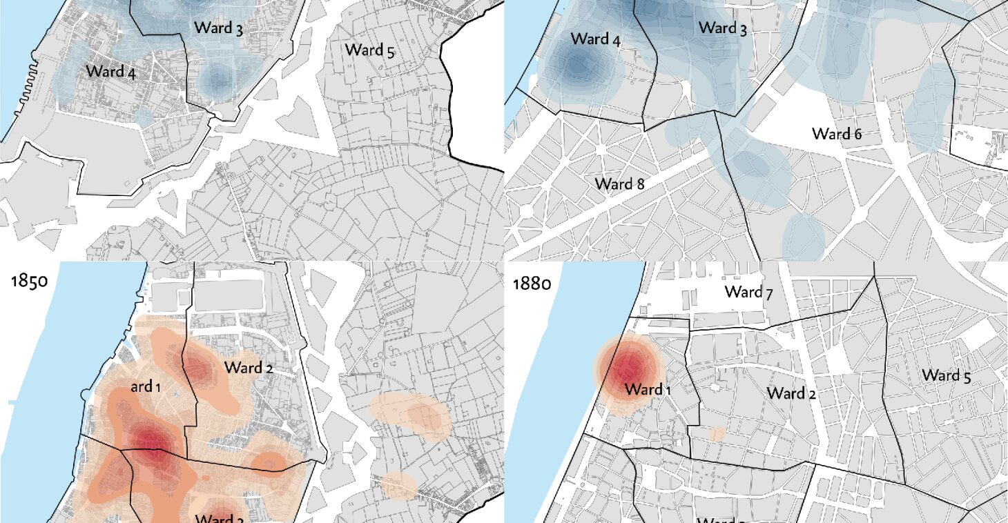 Chapter 23 - Comparison of the settlement patterns of foreign newcomers in 1850 and 1880, before and after demolition of the ramparts