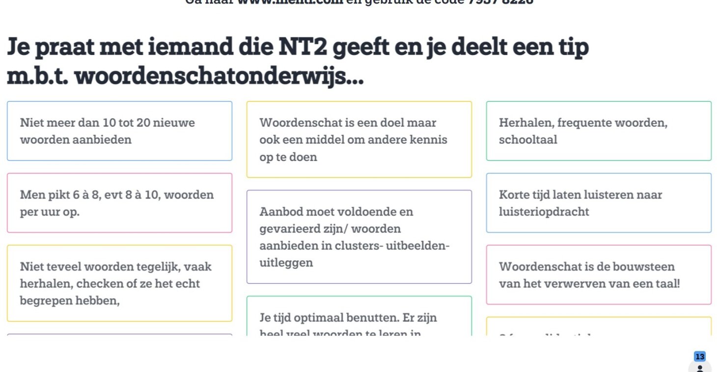 Voorkennis activeren tijdens college 'woordenschat' met mentimeter