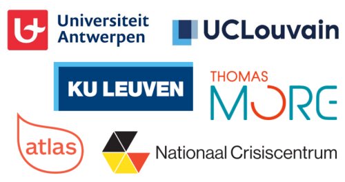 Een afbeelding met daarop de logo's van Universiteit Antwerpen, Thomas More Hogeschool, KU Leuven, UCLouvain, Atlas integratie &amp; inburgering en Nationaal Crisiscentrum